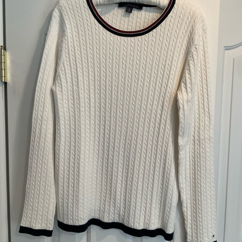 Tommy Hilfiger White Cable Knit Sweater with Navy and Red Trim